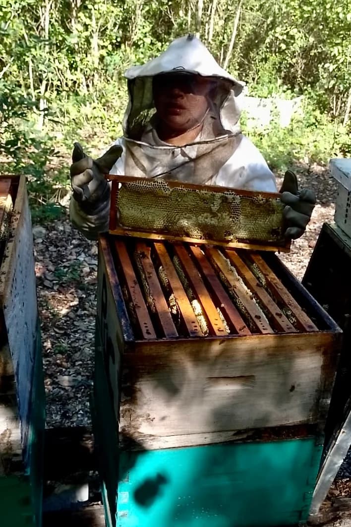 Laydi con su traje de apicultora junto a una colmena de abejas